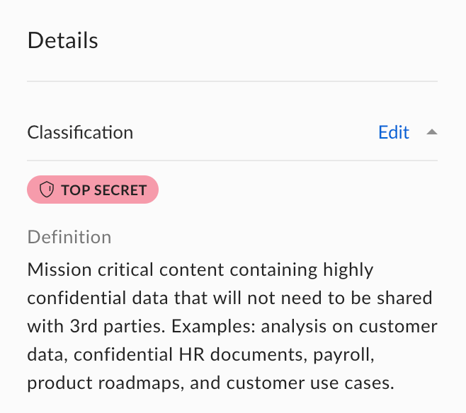 Box Details panel displaying a TOP SECRET classification badge and its definition with example content types.