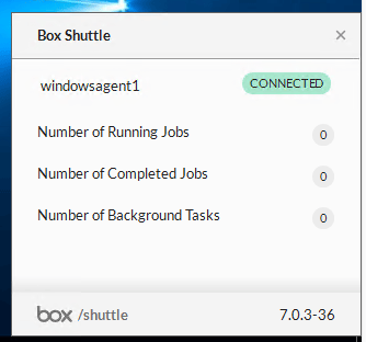 Box Shuttle status window for windowsagent1 showing CONNECTED status and zero running, completed, and background jobs.