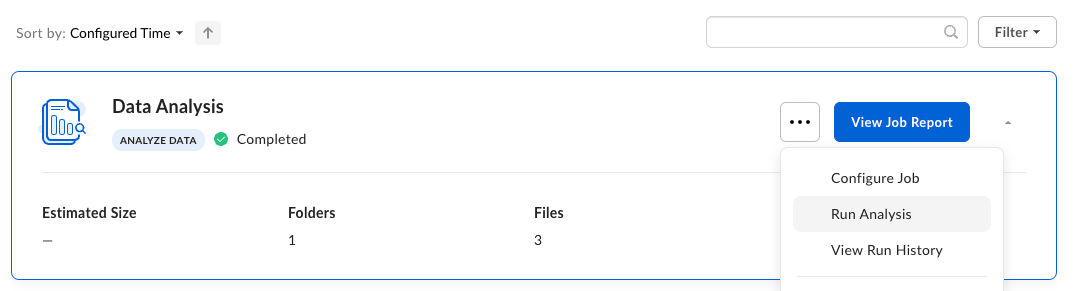 Data Analysis job card with actions menu open and Run Analysis option highlighted.