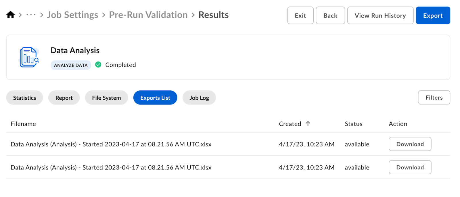 Data Analysis Results Exports List tab showing available XLSX reports with Download buttons.