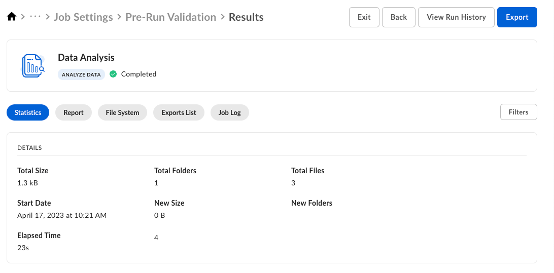 Data Analysis Statistics tab showing completed job with 1.3 kB total size, 1 folder, and 3 files.