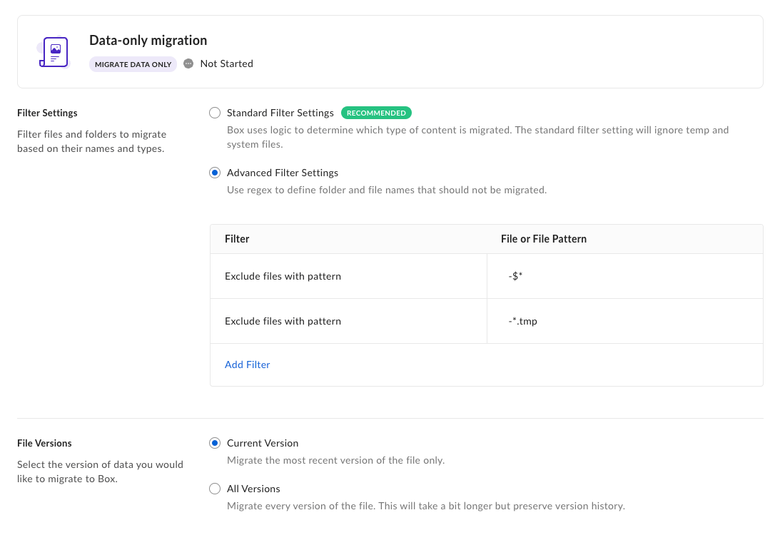 Data-only migration Filter Settings with Advanced filters excluding ~$* and ~*.tmp temp file patterns.