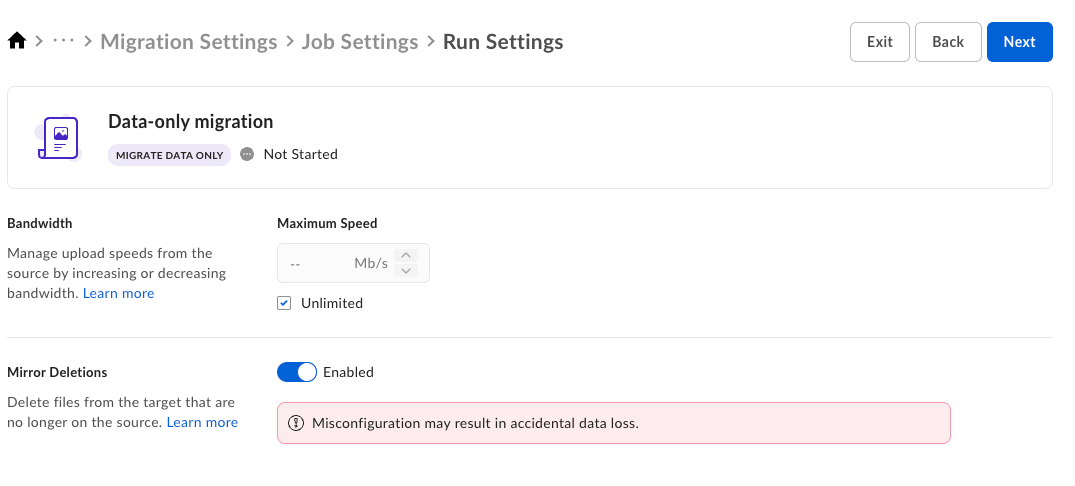 Data-only migration Run Settings with Unlimited bandwidth and Mirror Deletions enabled and a destructive-setting warning.