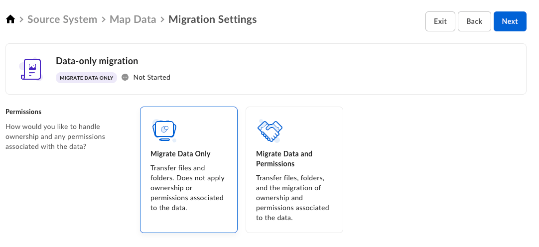 Data-only migration Migration Settings with Migrate Data Only selected to transfer files without permissions.