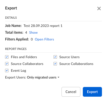 Export dialog for a migration report with selectable report pages, Export Users dropdown, and Export button.