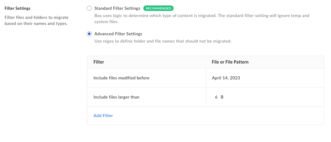 Filter Settings with Advanced filters for files modified before April 14, 2023 and files larger than 6 B.