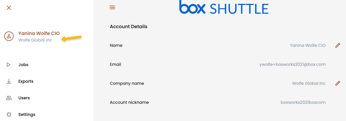 Box Shuttle Account Details page highlighting the company name in the sidebar and the account nickname field.