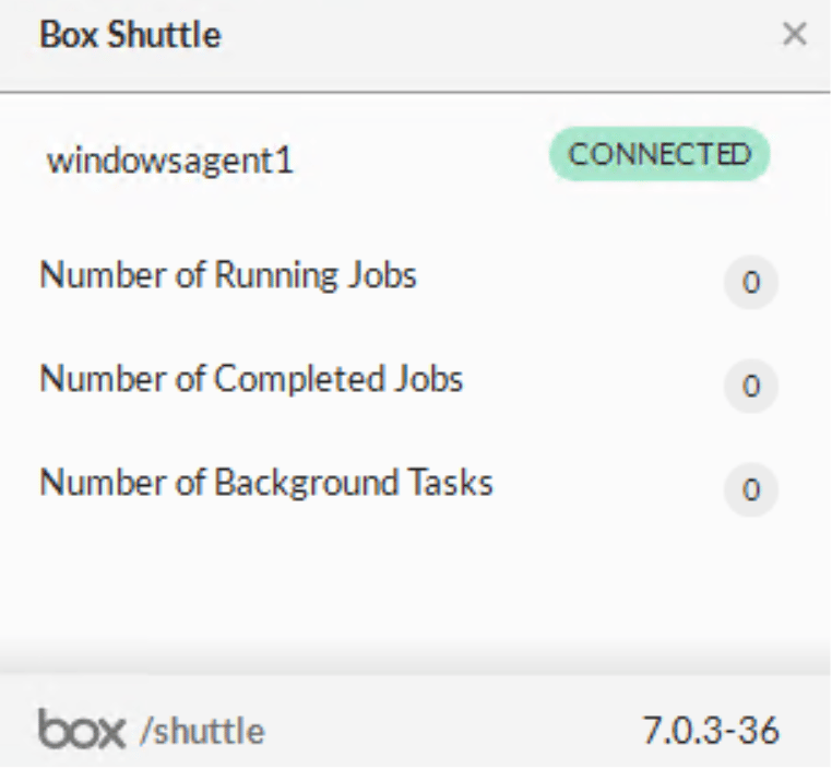 Box Shuttle Windows agent status window showing a connected agent with zero running, completed, and background tasks.