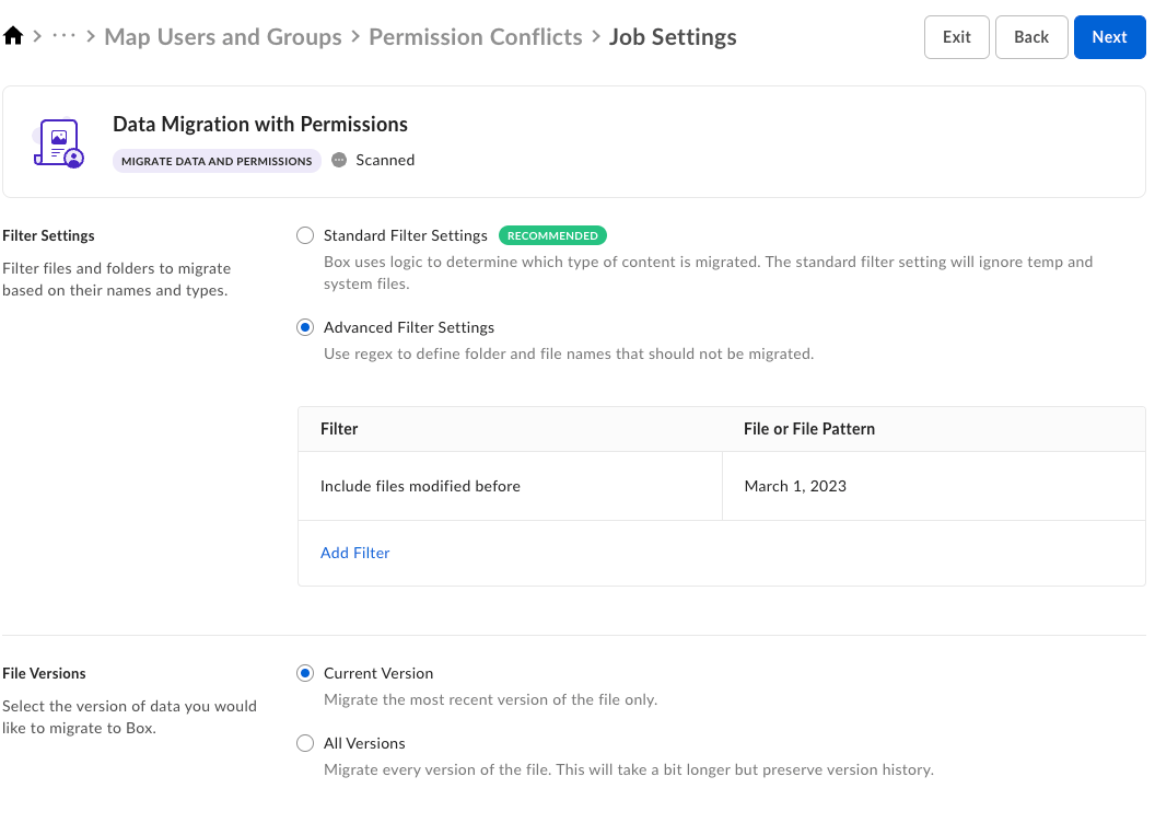 Job Settings with Advanced Filter for files modified before March 1, 2023 and Current Version selected.