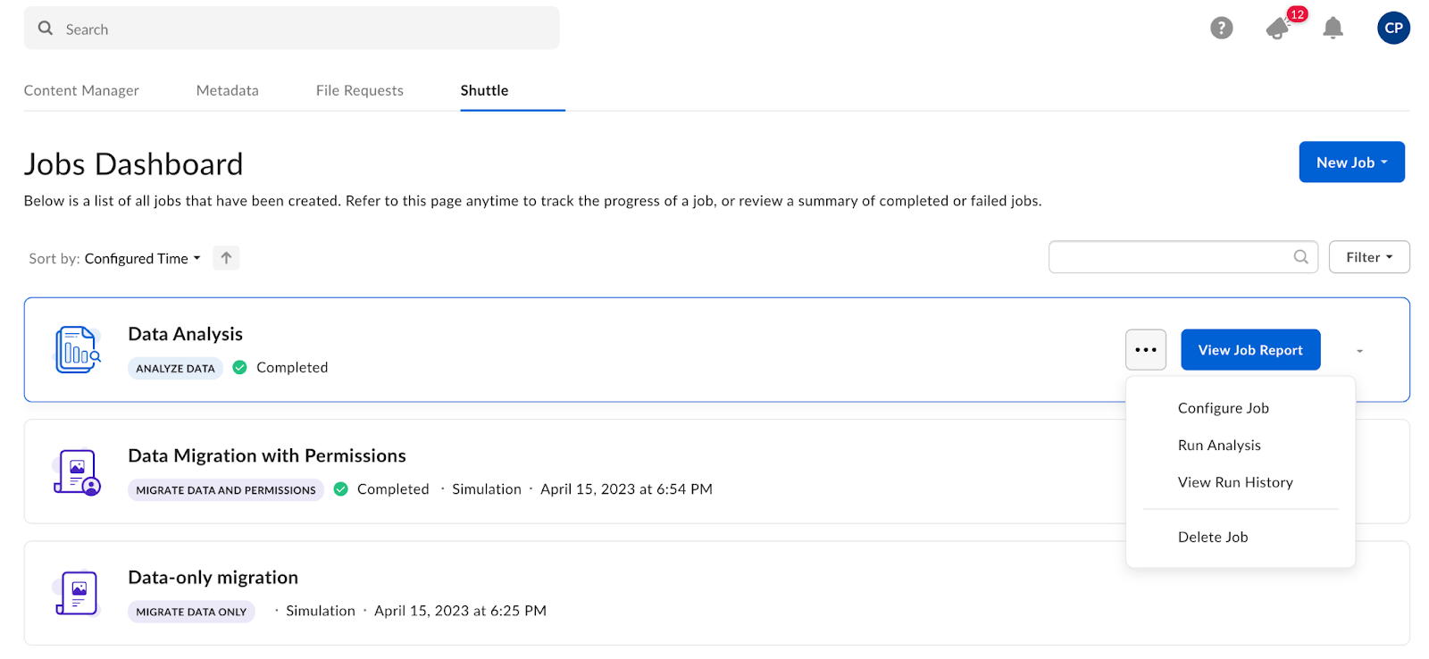 Jobs Dashboard with Data Analysis job actions menu open showing Configure Job, Run Analysis, View Run History, and Delete Job.