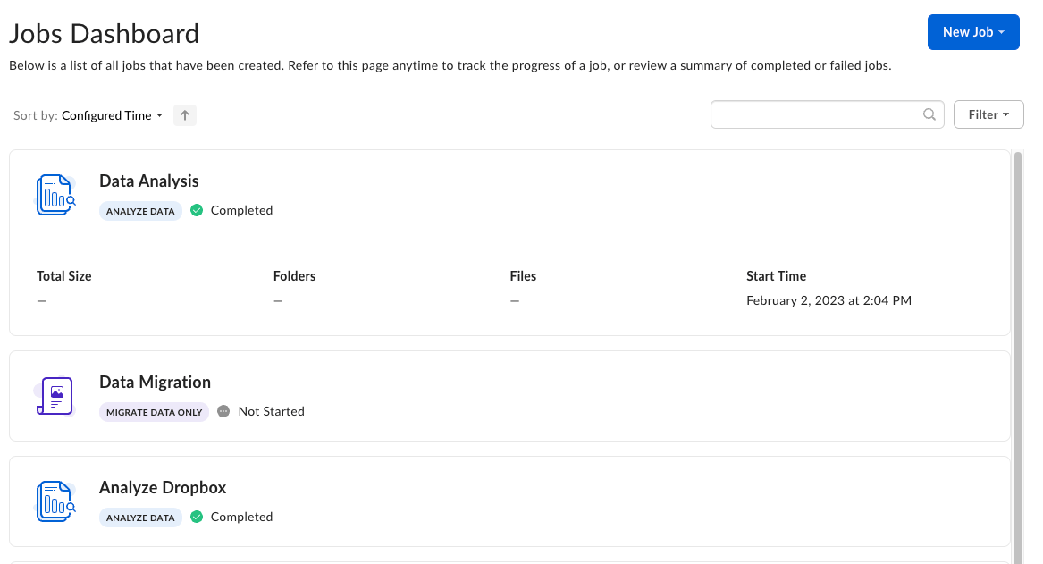 Jobs Dashboard listing Data Analysis, Data Migration, and Analyze Dropbox jobs with status and sort controls.