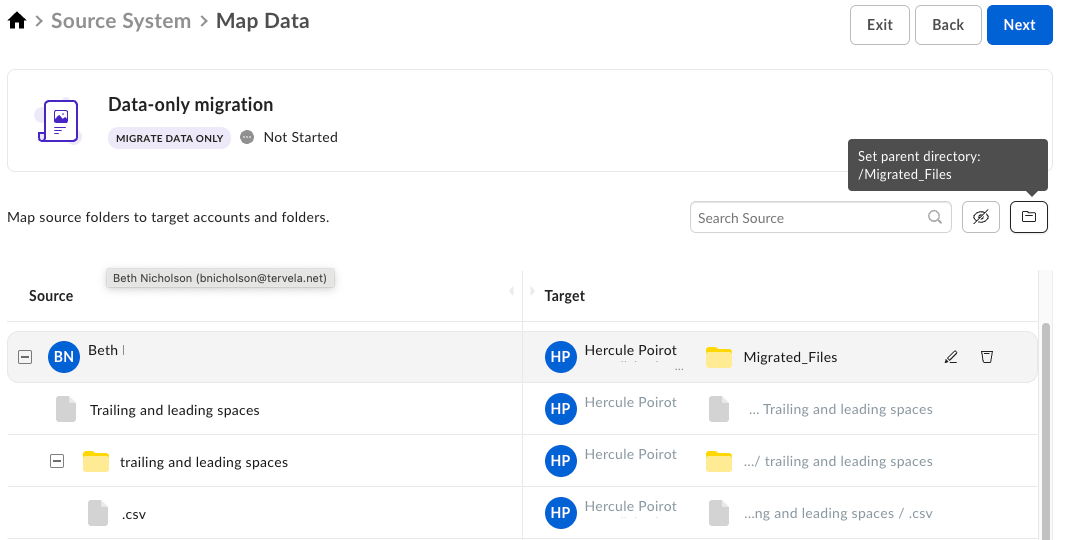 Map Data screen mapping Beth's source folders to Hercule Poirot's Migrated_Files target directory.