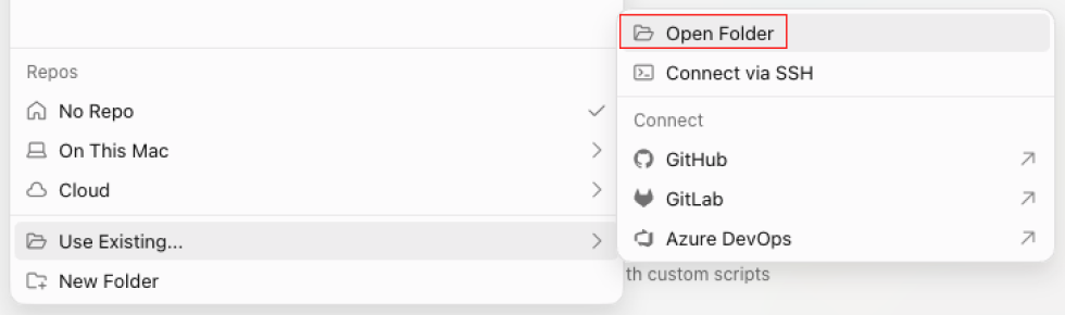 The Cursor repository menu with Use Existing highlighted and an Open Folder option in the submenu