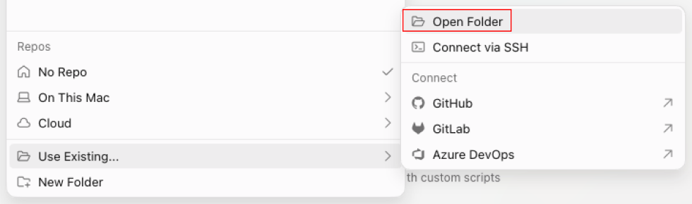 The Cursor repository menu with Use Existing highlighted and an Open Folder option in the submenu
