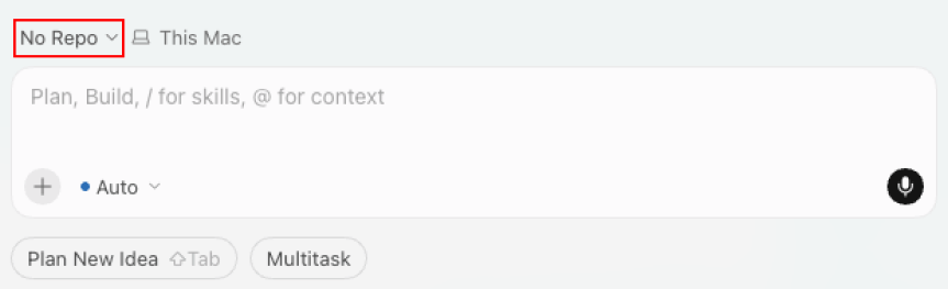 The Cursor composer with the repository menu set to No Repo