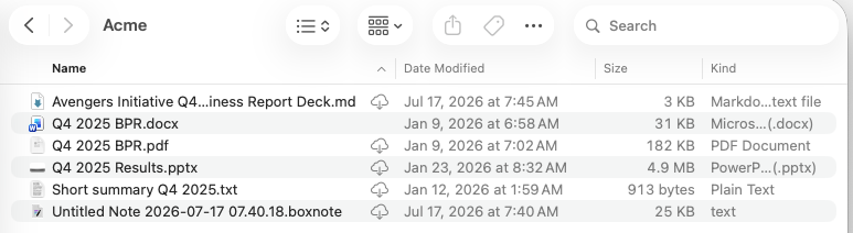The Acme folder open in Finder, listing Box Drive files including Q4 2025 Results.pptx