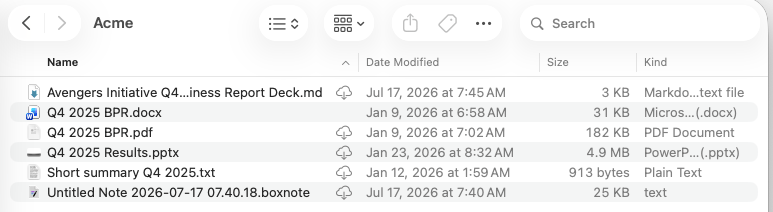 The Acme folder open in Finder, listing Box Drive files including Q4 2025 Results.pptx