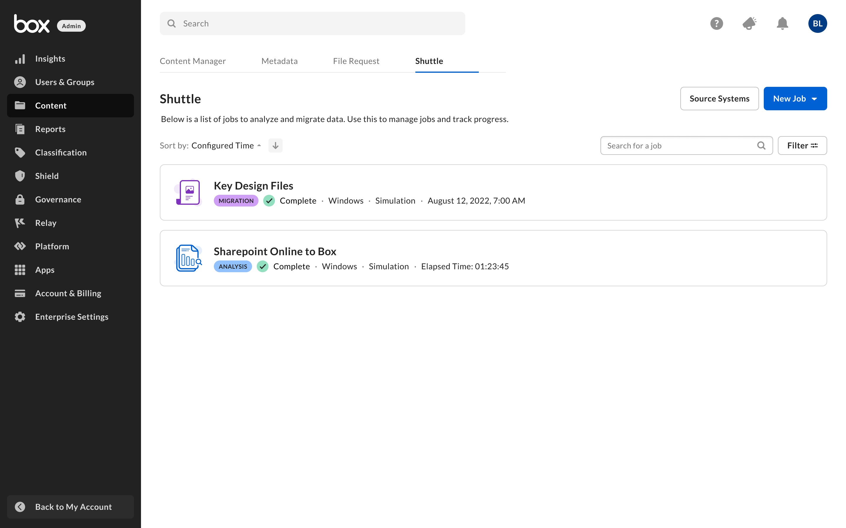 Box Shuttle Jobs Dashboard in the Admin Console with the Source Systems and New Job buttons in the upper right.