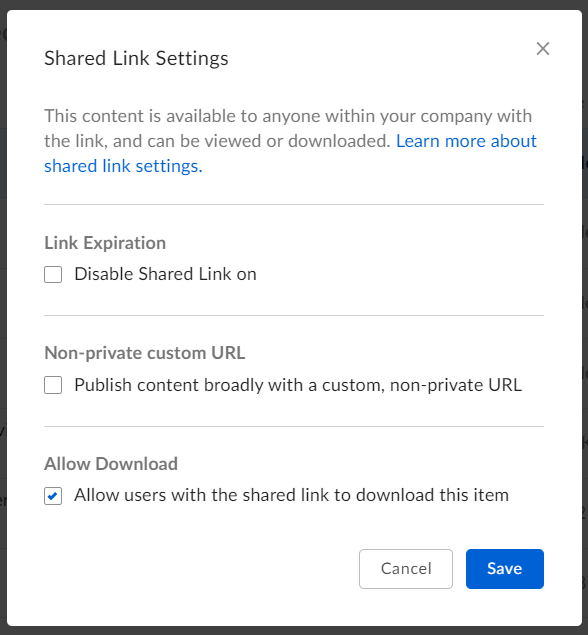Configuring Individual Shared Link Settings
