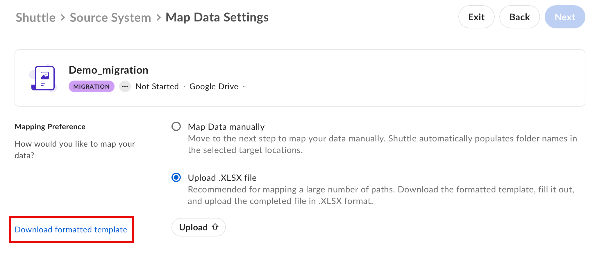 Map Data Settings page with Map Data manually and Upload .XLSX file options, and a Download formatted template link.