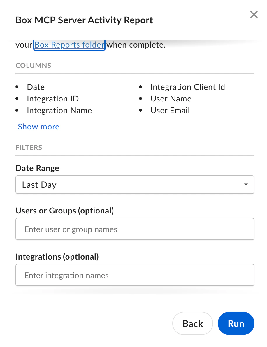 Box MCP Server Activity Report dialog showing columns and filters