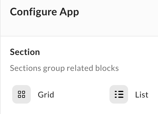 Configure App Section panel with Grid and List layout options.