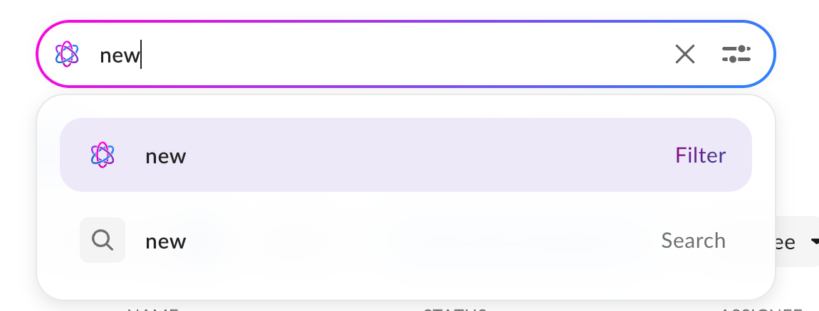 Search field with new typed showing Filter and Search dropdown options.