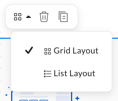 Toolbar with grid layout dropdown open showing Grid Layout selected and List Layout option.