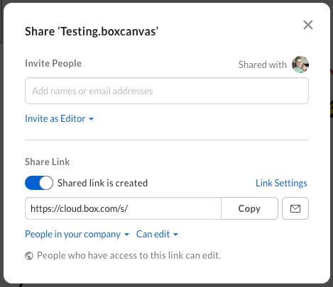 The Share dialog for a Box Canvas with fields to invite people and configure a shared link with edit permissions.