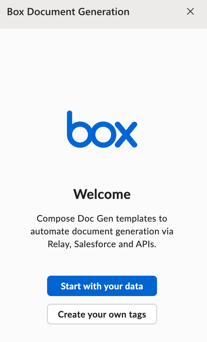 Box Document Generation welcome screen with Start with your data and Create your own tags buttons.