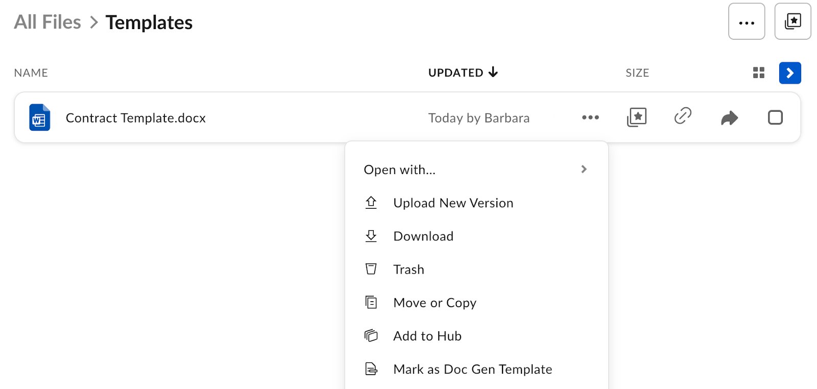 Box file menu for Contract Template.docx with Mark as Doc Gen Template option highlighted.
