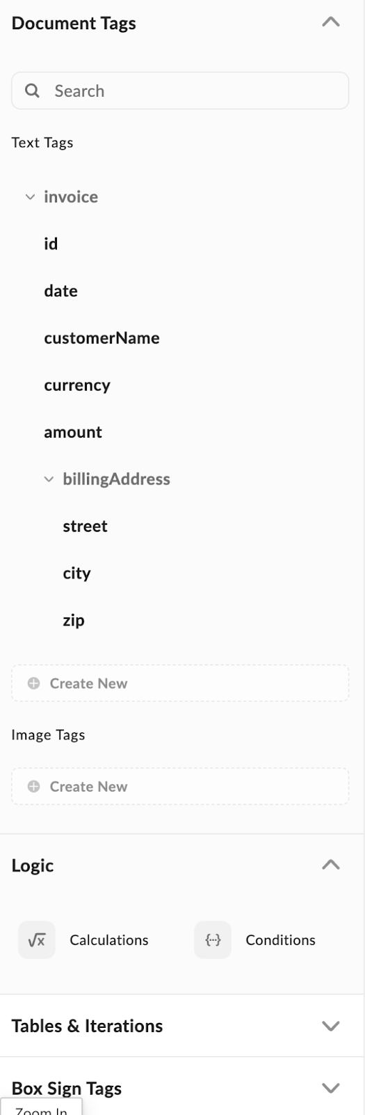 Document Tags panel showing invoice fields, billingAddress subfields, and Logic Calculations and Conditions buttons.