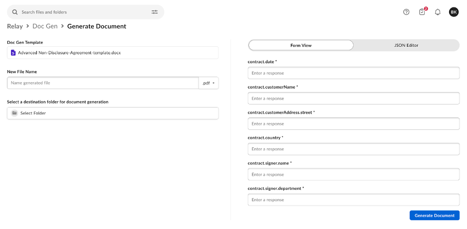 Relay Generate Document Form View with contract.date, customerName, and signer fields to complete.