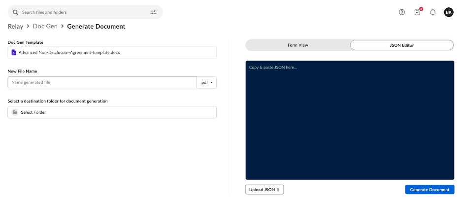 Relay Generate Document page with template selected, JSON Editor active, and Generate Document button.