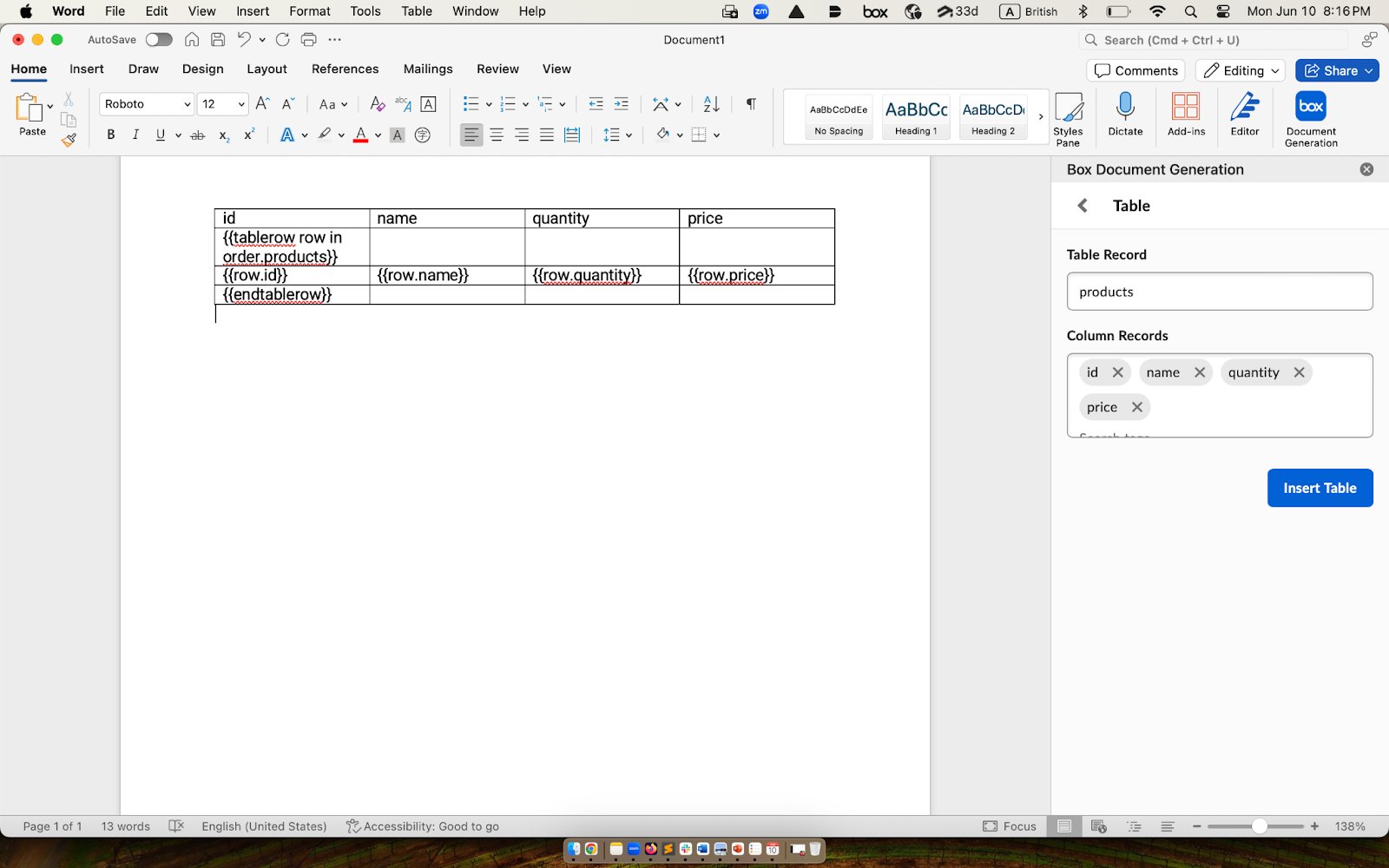 Word document with products table tags and Box Document Generation Table panel set to products columns.
