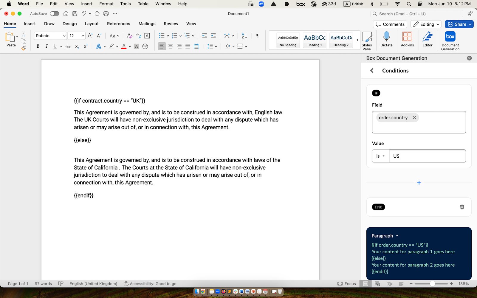 Word template with if/else condition tags and Box Document Generation Conditions panel for order.country.
