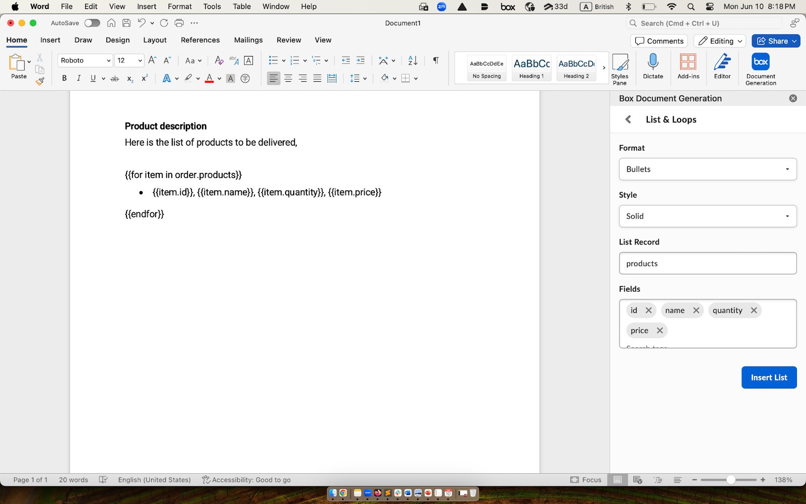 Word template with product list loop tags and Box Document Generation List and Loops panel set to products fields.