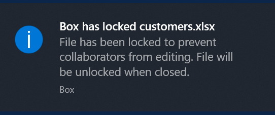 A Box notification stating that customers.xlsx has been locked to prevent collaborators from editing until the file is closed.