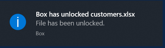 A Box notification confirming that customers.xlsx has been unlocked after the file was closed.