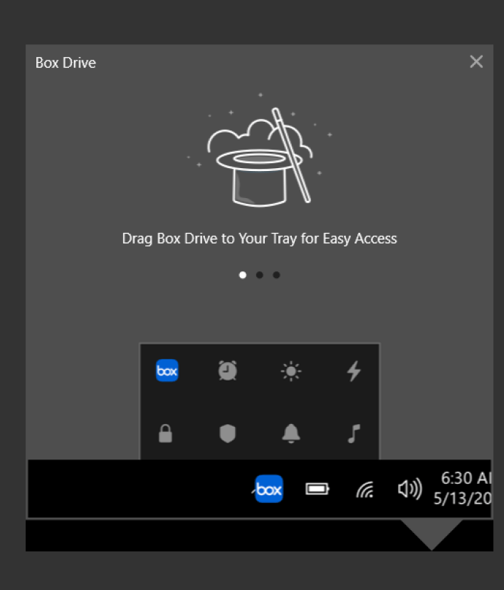 Box Drive onboarding screen: Drag Box Drive to Your Tray for Easy Access, with system tray diagram.