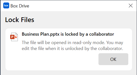 A Box Drive dialog informing the user that Business Plan.pptx is locked by a collaborator and will open in read-only mode.