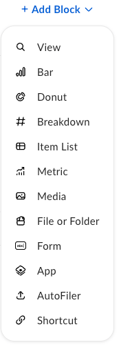 Add Block drop-down menu listing View, Bar, Donut, Breakdown, Item List, Metric, Media, File or Folder, AutoFiler, and Shortcut.