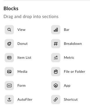 Blocks panel listing View, Chart, File or Folder, Form, App, AutoFiler, and Shortcut blocks to drag into sections.
