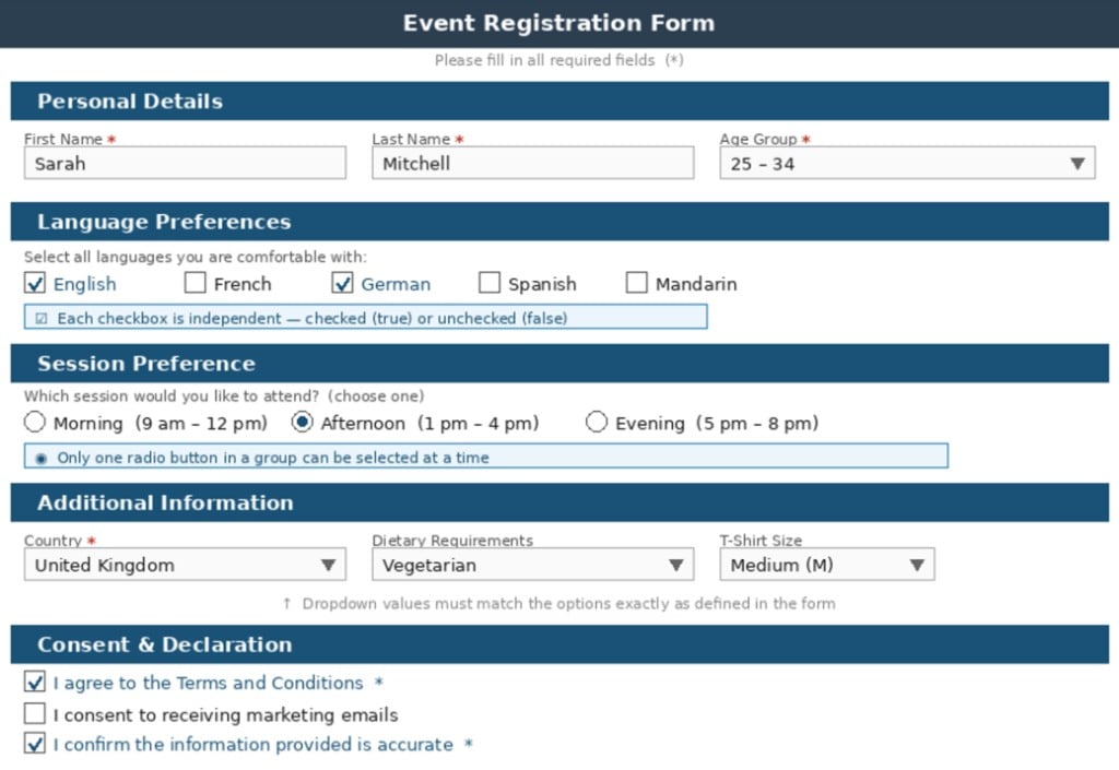 Event registration form with text fields, check boxes, radio buttons, and drop-downs.