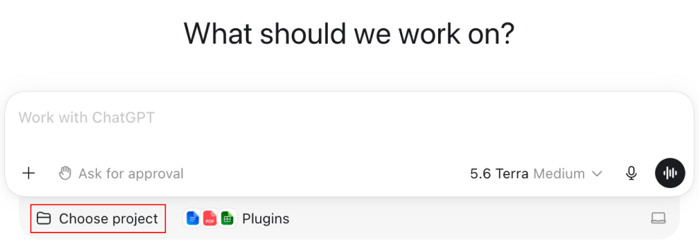 The ChatGPT composer with the Choose project button below the message box