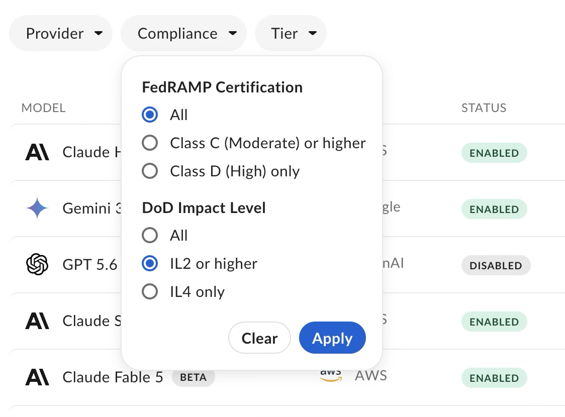 List of available compliance filters.