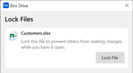A Box Drive Lock Files dialog prompting the user to lock Customers.xlsx to prevent others from editing it.