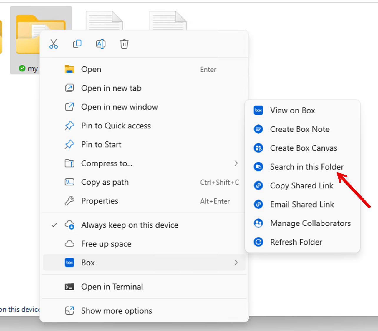 Windows context menu with Box submenu open; arrow points to Search in this Folder.