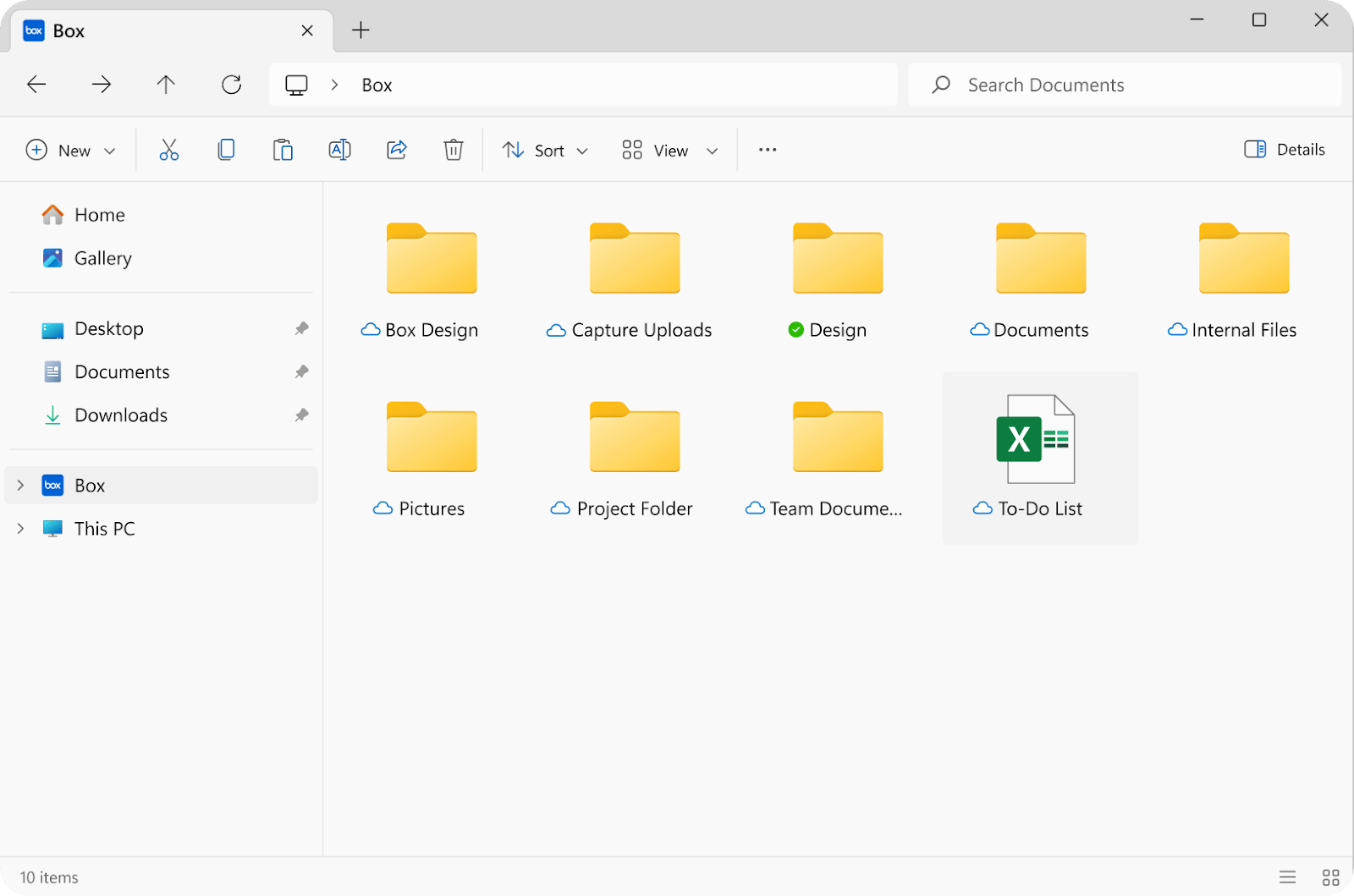Windows File Explorer showing Box folder files and folders with cloud and synced status badges.