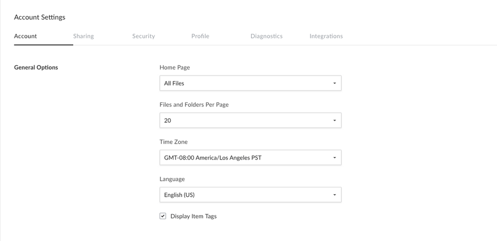 Account Settings Account tab with Time Zone and Language dropdowns.